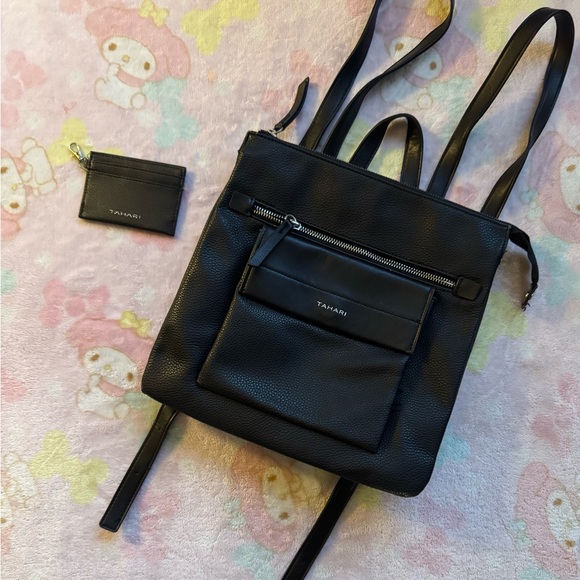 Tahari designer black leather backpack purse with matching card holder (NEW) - Picture 1 of 6